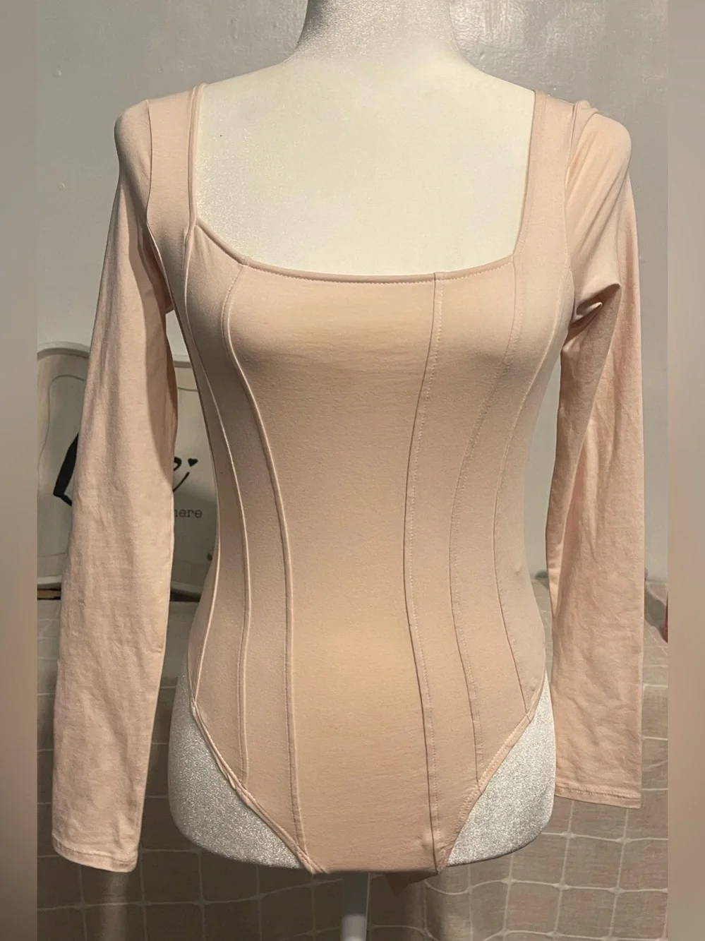 H&M  Womens casual Square Neck Long Sleeve Bodysuit - Light Blush 95% cotton NWT